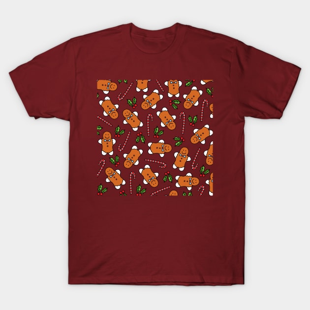 Gingerbread Men and Candy Canes | Holly | Christmas Pattern T-Shirt by HLeslie Design